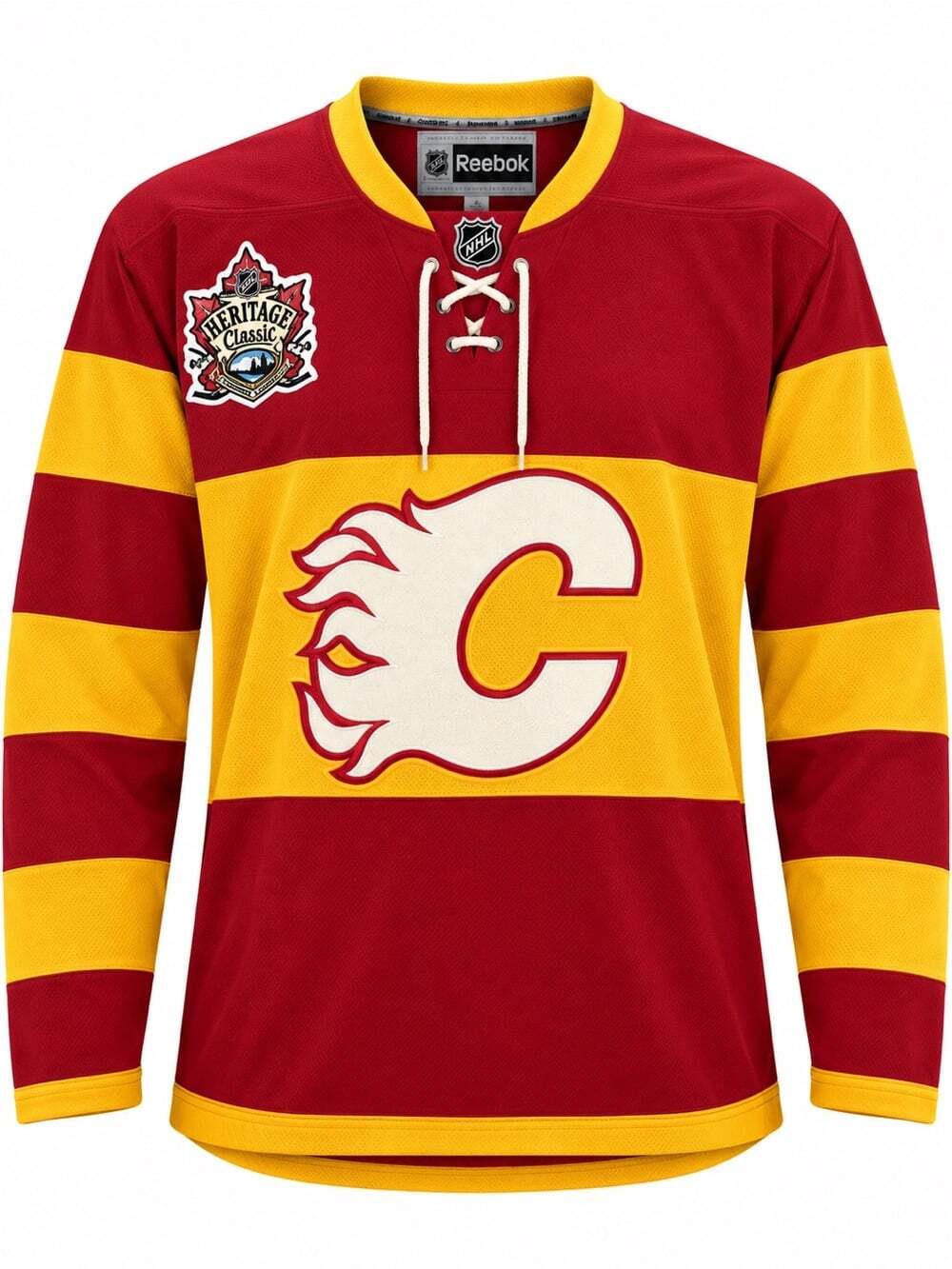 Vintage Reebok Calgary Flames Heritage Classic NHL Hockey Jersey Red Gold Large